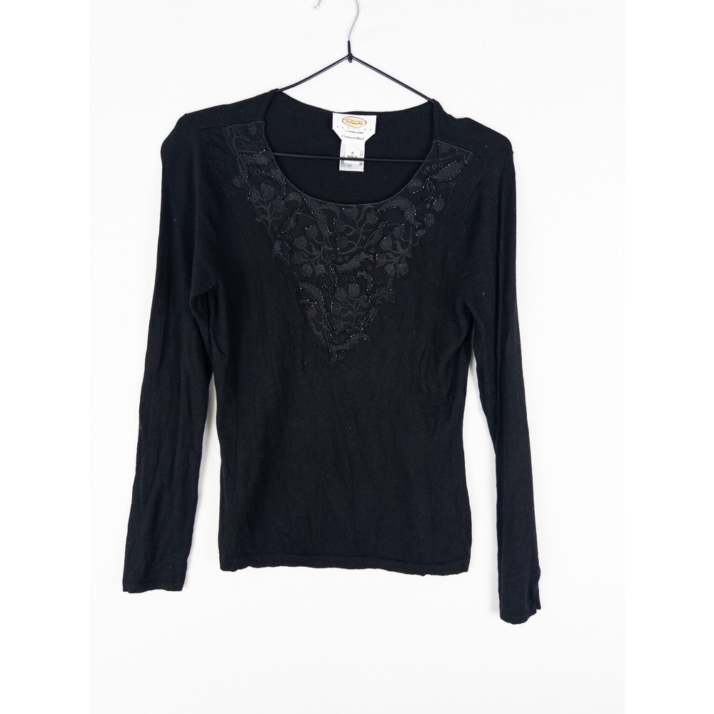 VTG Talbots Silk Cashmere Blend Embroidered Beaded Top Womens P Black Quiet Luxu